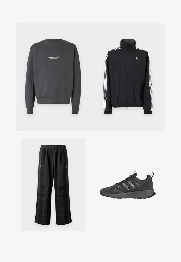 Giacca a vento nera con colletto alto, design con tre strisce bianche sulle maniche, polsini e orlo elastici, con un piccolo logo sul petto.; Felpa grigia scura con maniche lunghe, scollo rotondo e polsini a coste. Presenta un piccolo logo bianco sul petto.; Pantaloni a quadri neri con vita elasticizzata, due tasche frontali e una vestibilità ampia con design a gamba dritta. Realizzati in materiale leggero.; Scarpe da atletica nere con tomaia in mesh e suede, suola in gomma testurizzata, collare imbottito e un distintivo design a tre strisce grigie.