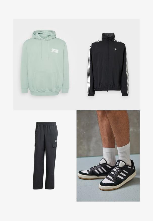 Černá windbreaker bunda s vysokým límcem, bílým designem tří pruhů na rukávech, elastickými manžetami a lemováním, s malým logem na hrudi.; Mátově zelená mikina z měkkého materiálu; má klokaní kapsu, žebrované manžety a bílé logo na hrudi. Kapuce s nastavitelnou šňůrkou.; Černé cargo kalhoty s elastickým pasem, dvěma bočními kapsami a decentním logem na levém stehně. Vyrobeno z lehkého materiálu.; Černobílé tenisky s vrchní částí z semišové a kožené kůže, včetně tří bílých pruhů, perforovaného špičky a podrážky z gumy.