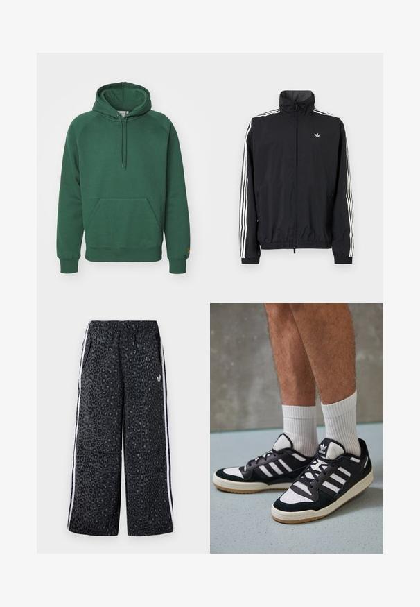 Fekete szélálló dzseki magas gallérral, fehér háromcsíkkal a ujjakon, rugalmas mandzsettákkal és alsó résszel, kis logóval a mellkason.; Carhartt WIP HOODED CHASE - Melegítőfelső - sycamore tree/gold; adidas Originals GRAPHIC UNISEX - Tréningruha alsók - black; Fekete-fehér tornacipők velúr és bőr felsőrésszel, három fehér csíkkal, perforált orral és gumi talppal.
