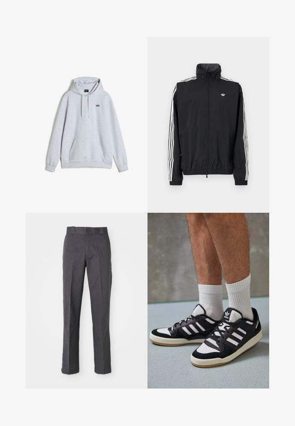 Chaqueta cortavientos negra con alto cuello, diseño de tres franjas blancas en las mangas, puños y dobladillo elásticos, con un pequeño logo en el pecho.; Vans STYLE LOOSE FIT - Jersey con capucha - light grey; Pantalones oscuros de algodón con un diseño de pierna recta, bolsillos delanteros y un cierre de botón en la cintura.; Zapatillas en blanco y negro con parte superior de ante y cuero, que presentan tres franjas blancas, una puntera perforada y una suela de goma.