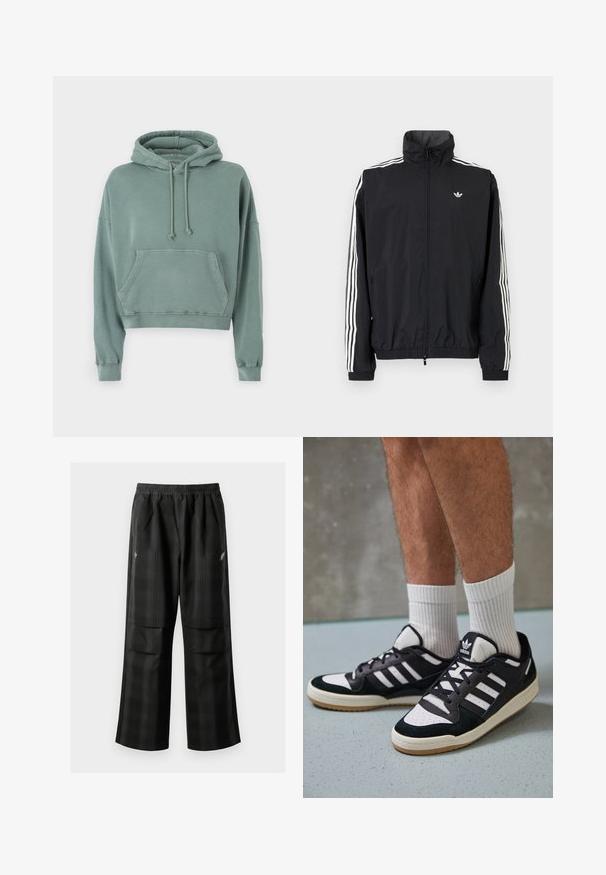 Čierna vetrovka s vysokým golierom, biely dizajn troch pruhov na rukávoch, elastické manžety a lem, s malým logom na hrudi.; Mäta zelená skrátená mikina vyrobená z mäkkého materiálu, s predným vreckom, sťahovacou kapucňou a ribbovanými manžetami, s uvoľneným strihom.; Čierne kockované nohavice s elastickým pásom, dvoma prednými vreckami a voľným strihom so rovnými nohavicami. Vyrobené z ľahkého materiálu.; Čierno-biele tenisky s vrchom z semišu a kože, s troma bielymi pruhmi, perforovanou špičkou a gumovou podrážkou.