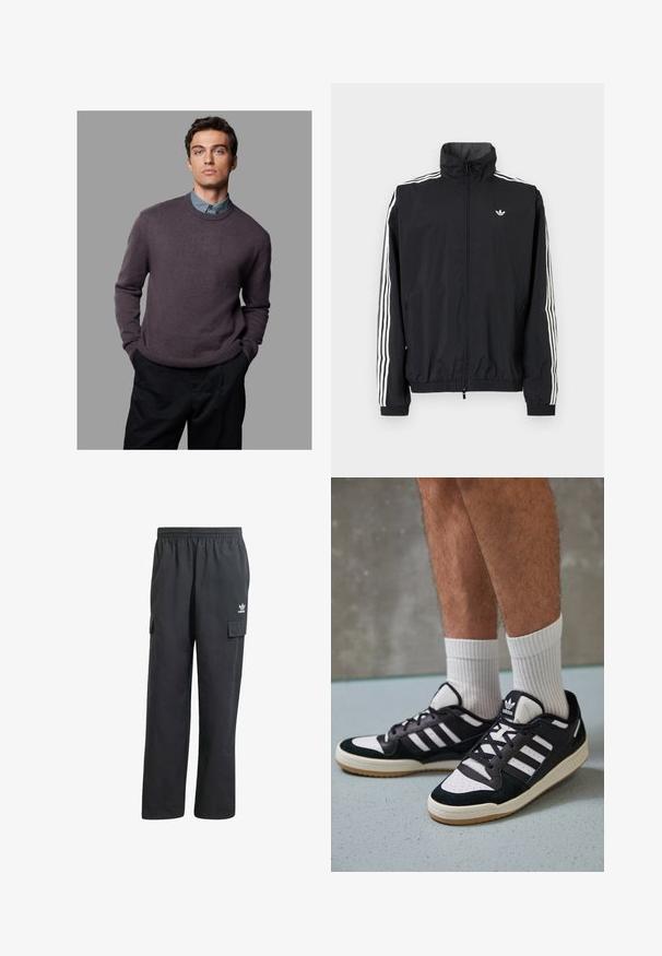 Sort vindjakke med høj krave, hvidt tre-stripes design på ærmerne, elastiske cuffs og kant, med et lille logo på brystet.; Pullover striktrøje i dyb lilla, strikket tekstur, rund hals, ribbede manchetter og kant, lagd over en lyseblå skjorte med krave, parret med mørke bukser.; Sorte cargo-bukser med elastisk talje, to sidelommer og et diskret logo på venstre lår. Fremstillet af et let materiale.; Sorte og hvide sneakers med en overdel i ruskind og læder, der har tre hvide striber, en perforeret tå og en sål i gummigummi.