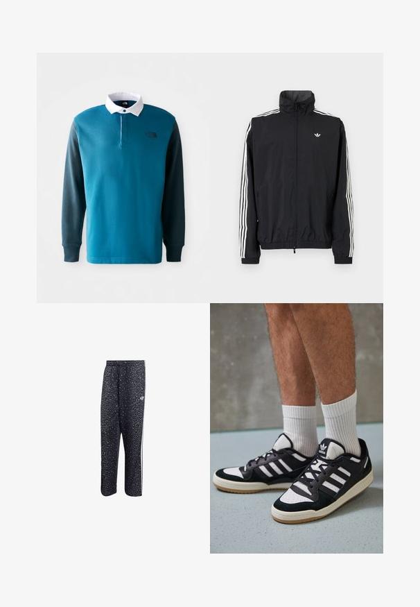 Schwarze Windjacke mit hohem Kragen, weißem Dreistreifen-Design an den Ärmeln, elastischen Bündchen und Saum, mit einem kleinen Logo auf der Brust.; Langärmliges Polohemd in Petrol und Dunkelgrün, mit einem weißen Kragen, Knopfleiste und einem schwarzen Logo auf der Brust. Mischgewebe aus Baumwolle.; Schwarze Sporthosen mit einem Leopardenmuster, ausgestattet mit einem weißen Drei-Streifen-Design und einem Logo einer Sportmarke an der Seite.; Schwarz-weiße Sneaker mit einem Obermaterial aus Wildleder und Leder, ausgestattet mit drei weißen Streifen, einer perforierten Zehenpartie und einer Sohle aus Gummi.