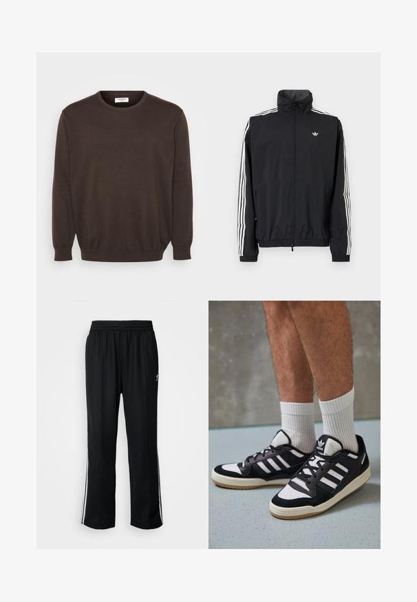 Černá windbreaker bunda s vysokým límcem, bílým designem tří pruhů na rukávech, elastickými manžetami a lemováním, s malým logem na hrudi.; Hnědý pletený svetr s kulatým výstřihem, dlouhými rukávy a žebrovanými manžetami a lemem. Hladká textilie, klasický design bez ozdob.; Černé sportovní kalhoty s elastickým pasem, s bílými bočními pruhy a malým logem. Materiál vypadá měkce a lehce.; Černobílé tenisky s vrchní částí z semišové a kožené kůže, včetně tří bílých pruhů, perforovaného špičky a podrážky z gumy.