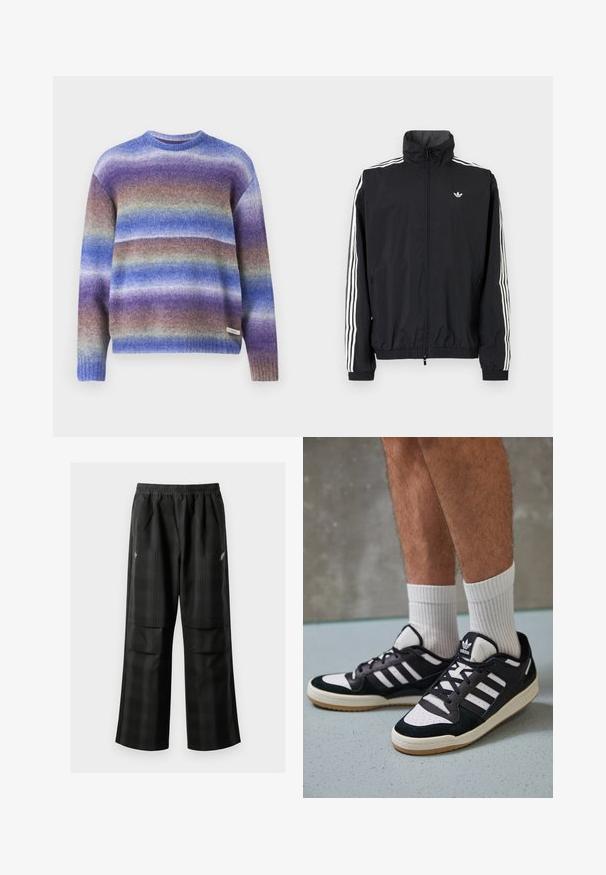 Jachetă neagră din material impermeabil cu guler înalt, design cu trei dungi albe pe mâneci, manșete și tiv elastic, având un mic logo pe piept.; Pulover din lână cu guler rotund și mâneci lungi, având un model ombre gradual în nuanțe de violet, albastru și verde. Manșete ribbate.; Pantaloni cu un model carourile negre, având talie elastică, două buzunare frontale și un croi lejer cu picioare drepte. Construiți dintr-un material ușor.; Adidași negri și albi cu un superior din suede și piele, prevăzuți cu trei dungi albe, un vârf perforat și o talpă din cauciuc caramel.