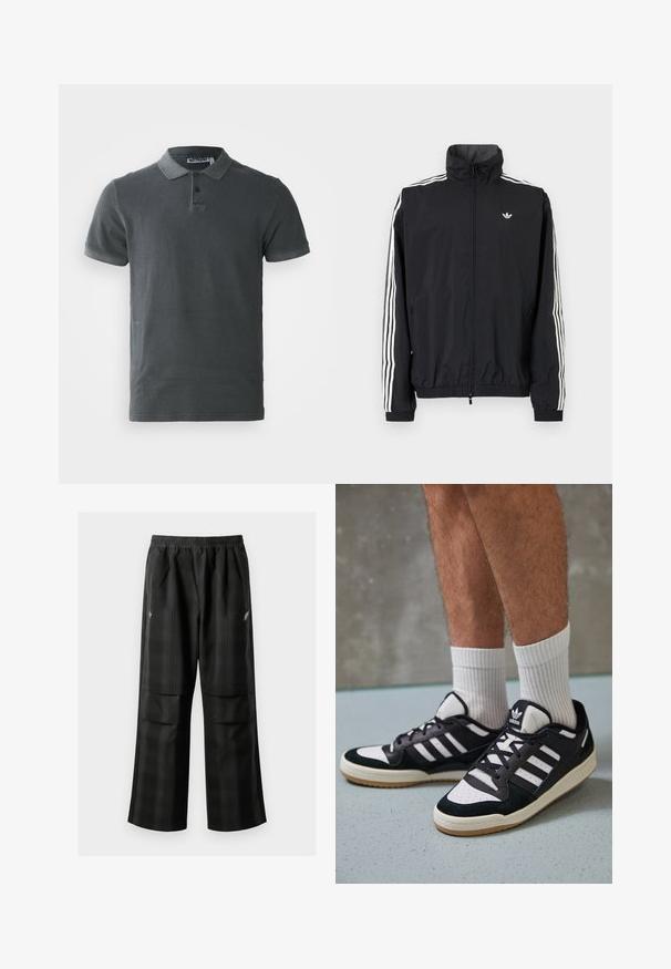 Μαύρο αδιάβροχο μπουφάν με ψηλό γιακά, λευκή τριπλή ρίγα στα μανίκια, ελαστικούς καρπούς και σάκο, που διαθέτει ένα μικρό λογότυπο στο στήθος.; Σκούρο γκρι πόλο μπλουζάκι από βαμβάκι, με γιακά δύο κουμπιών, κοντά μανίκια και ελαφρώς υφή στο ύφασμα. Απλός σχεδιασμός, χωρίς μοτίβα.; Μαύρο καρό παντελόνι με ελαστική μέση, δύο μπροστινές τσέπες και χαλαρή εφαρμογή με ευθεία γραμμή. Φτιαγμένο από ελαφρύ υλικό.; Μαύρα και λευκά αθλητικά παπούτσια με άνω μέρος από σουέτ και δέρμα, featuring τρεις λευκές ρίγες, περατά δάχτυλα και σόλα από καουτσούκ τύπου γκαστ.