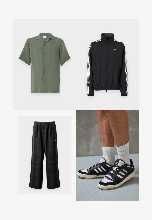 Melna vēja pārvalka jaka ar augstu apkakli, baltu trīs svītru dizainu uz piedurknēm, elastīgu aproču un apakšmalu, ar mazu logo uz krūtīm.; Īsām piedurknēm pogājama krekls tekstūrētā olīvu zaļā audumā, ar klasisku apkakli un piecām priekšējām pogām.; Melnas kvadrātveida bikses ar elastīgu jostu, divām priekšējām kabatām un brīvu piegriezumu ar taisnām kājām. Izgatavotas no viegla materiāla.; Melnas un baltas kedas ar zamša un ādas augšdaļu, kas aprīkotas ar trim baltām svītrām, perforētu purngali un gumijas zolēm.