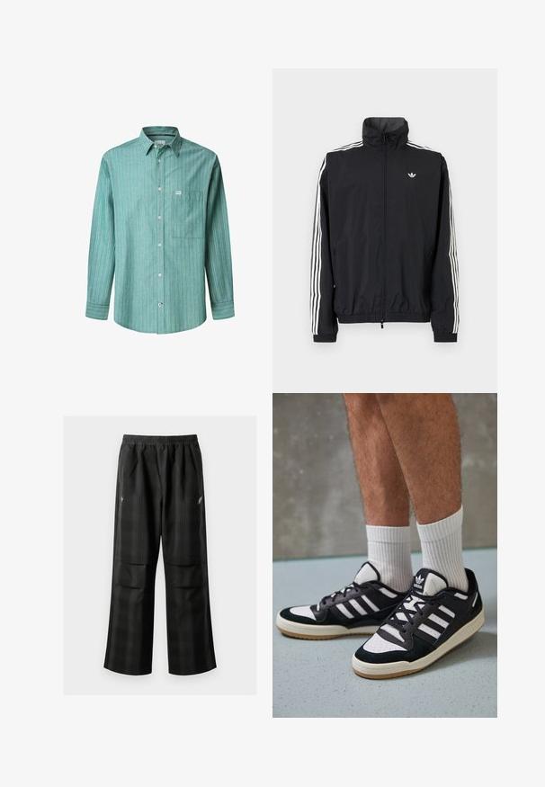Čierna vetrovka s vysokým golierom, biely dizajn troch pruhov na rukávoch, elastické manžety a lem, s malým logom na hrudi.; Zelená pruhovaná košeľa s dlhým rukávom, svetlomodré a biele vertikálne pruhy, jedno vrecko na hrudi a malé logo značky.; Čierne kockované nohavice s elastickým pásom, dvoma prednými vreckami a voľným strihom so rovnými nohavicami. Vyrobené z ľahkého materiálu.; Čierno-biele tenisky s vrchom z semišu a kože, s troma bielymi pruhmi, perforovanou špičkou a gumovou podrážkou.