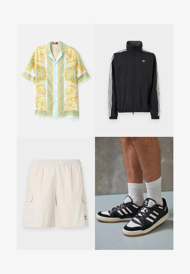 Černá windbreaker bunda s vysokým límcem, bílým designem tří pruhů na rukávech, elastickými manžetami a lemováním, s malým logem na hrudi.; Světlomodrá košile s krátkým rukávem, která se vyznačuje okrasnými zlatými barokními vzory, zapínáním na knoflíky a volným střihem. Hladká tkanina s lesklou strukturou.; Béžové cargo šortky s elastickým pasem, dvěma bočními kapsami a malým logem v dolním pravém rohu. Hladká, lehká tkanina.; Černobílé tenisky s vrchní částí z semišové a kožené kůže, včetně tří bílých pruhů, perforovaného špičky a podrážky z gumy.