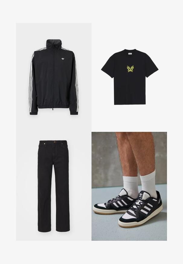 Črn vetrovka z visokim ovratnikom, belim trojnamenskim dizajnom na rokavih, elastičnimi manšeti in robom, s majhnim logotipom na prsih.; Črna bombažna majica s kratkimi rokavi, ki na prsih prikazuje majhen grafični motiv metulja v rumenem plamenskem vzorcu. Okrogla izrezana vratna linija.; Črne džins hlače s ravnim krojem, s zaklepanjem na gumb, petimi žepi in bronastimi detalji.; Črno-bele superge z zgornjim delom iz usnja in nubuka, ki imajo tri bele črte, perforiran vrh prstov in podplat iz gume.