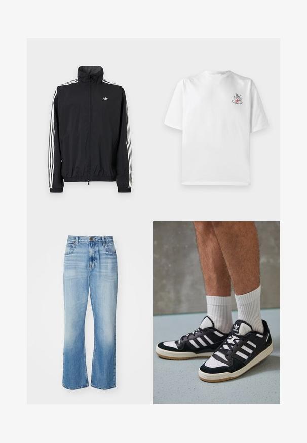 Jachetă neagră din material impermeabil cu guler înalt, design cu trei dungi albe pe mâneci, manșete și tiv elastic, având un mic logo pe piept.; Cămașă albă din bumbac cu mâneci scurte, având un mic grafic cu o ceașcă de cafea roz și neagră în zona stângă a pieptului.; Jeanși evazați din denim bleu deschis, cu talie înaltă, finisaj decolorat, cinci buzunare și cusături contrastante. Închidere clasică cu nasture și fermoar.; Adidași negri și albi cu un superior din suede și piele, prevăzuți cu trei dungi albe, un vârf perforat și o talpă din cauciuc caramel.