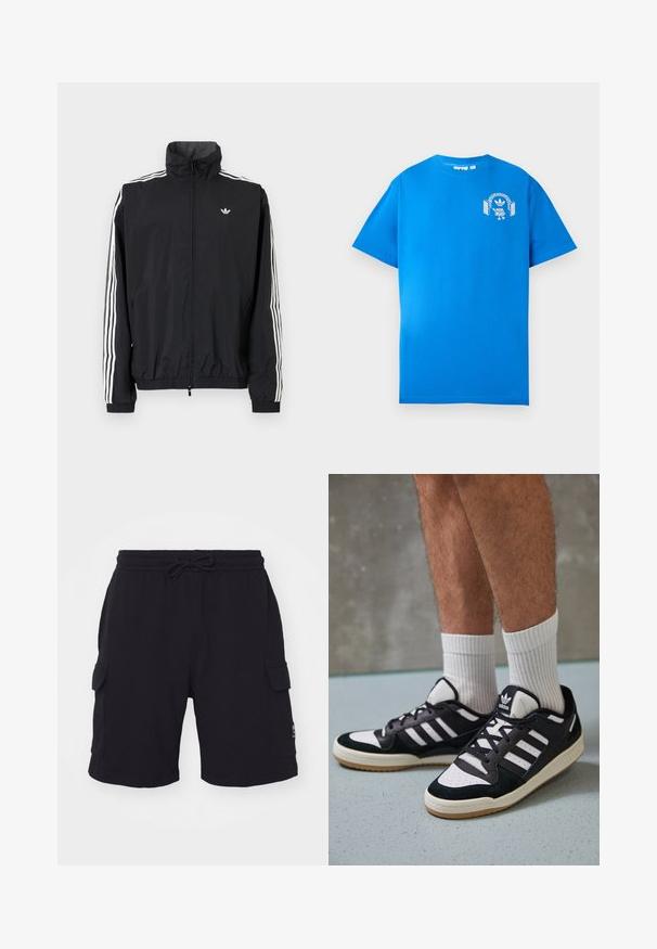 Juodas vėjaraudžių švarkas su aukštu apykakle, baltu trimis juostelėmis ant rankovių, elastingais rankogaliais ir apatine dalimi, su maža logotipo etikete ant krūtinės.; Mėlyna medvilninė marškinė su trumpomis rankovėmis. Priekyje yra balta grafikų dizaino detalė, vaizduojanti personažą su ausinėmis ir arka.; Juodos krovinių šortai su elastinga juosmens juosta ir raiščiu. Turi dvi šonines kišenes ir mažą logotipų pleistrą dešinėje pusėje.; Juodos ir baltos sportinės bateliai su zomšiniu ir odiniu viršumi, su trimis baltomis juostelėmis, perforuota koja ir guminėmis padais.