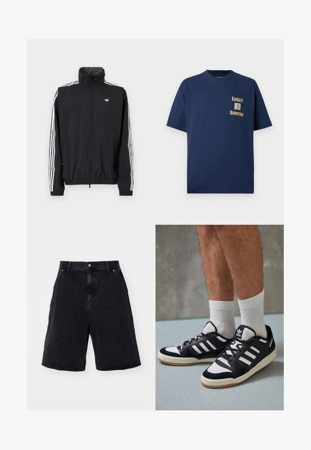 Juodas vėjaraudžių švarkas su aukštu apykakle, baltu trimis juostelėmis ant rankovių, elastingais rankogaliais ir apatine dalimi, su maža logotipo etikete ant krūtinės.; Tamsiai mėlyna medvilninė marškinėliai trumpomis rankovėmis, su auksiniu tekstu "Carhartt University" ir logotipo siuviniu kairėje krūtinės pusėje.; Juodi džinsiniai šortai pasižymi laisvu fasonu, standartiniu penkių kišenių dizainu ir metaliniu užsegimu. Patogus paviršius su minimaliu blukimu.; Juodos ir baltos sportinės bateliai su zomšiniu ir odiniu viršumi, su trimis baltomis juostelėmis, perforuota koja ir guminėmis padais.