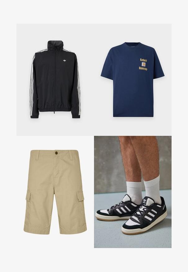 Musta tuulenpitävä takki, jossa on korkea kaulus, valkoinen kolmiraidallinen muotoilu hihoissa, joustavat hihansuut ja helma, sekä pieni logo rinnassa.; T-paidat tummansinisestä puuvillasta, joissa on lyhyet hihat. Edessä kultaisella tekstillä "Carhartt University" ja logo-tasku vasemmalla rintapuolella.; Beige cargo shorts valmistetut kevyestä kankaasta, joissa on tasainen etuosa, sivutaskut ja teksturoitu kuvio, suunniteltu rentoon käyttöön.; Valkoiset ja mustat tennarit, joissa on mokkanahka- ja nahkapäällinen, kolme valkoista raitaa, rei'itetty kärki ja kumipohja.
