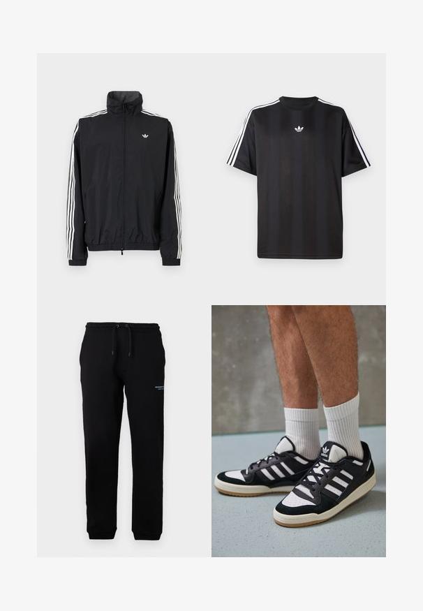Čierna vetrovka s vysokým golierom, biely dizajn troch pruhov na rukávoch, elastické manžety a lem, s malým logom na hrudi.; Čierne tričko s krátkym rukávom a bielymi trojpruhmi na pleciach a malým bielym logom na hrudi. Hladká textúra látky.; Čierne tepláky s elastickým pásom a šnúrkou, so bočnými vreckami a malou potlačenou logom na ľavom stehne. Mäkka tkanina.; Čierno-biele tenisky s vrchom z semišu a kože, s troma bielymi pruhmi, perforovanou špičkou a gumovou podrážkou.
