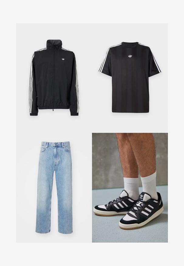 Musta tuulenpitävä takki, jossa on korkea kaulus, valkoinen kolmiraidallinen muotoilu hihoissa, joustavat hihansuut ja helma, sekä pieni logo rinnassa.; Musta lyhythihainen T-paita, jossa valkoiset kolmioviivain yksityiskohdat hartioissa ja pieni valkoinen logo rinnassa. Silkkinen kangastuntuma.; Vaaleansiniset farkut, joissa on suora lahje muotoilu, kontrastiväriset tikkaukset, viisi taskua ja klassinen napitus.; Valkoiset ja mustat tennarit, joissa on mokkanahka- ja nahkapäällinen, kolme valkoista raitaa, rei'itetty kärki ja kumipohja.