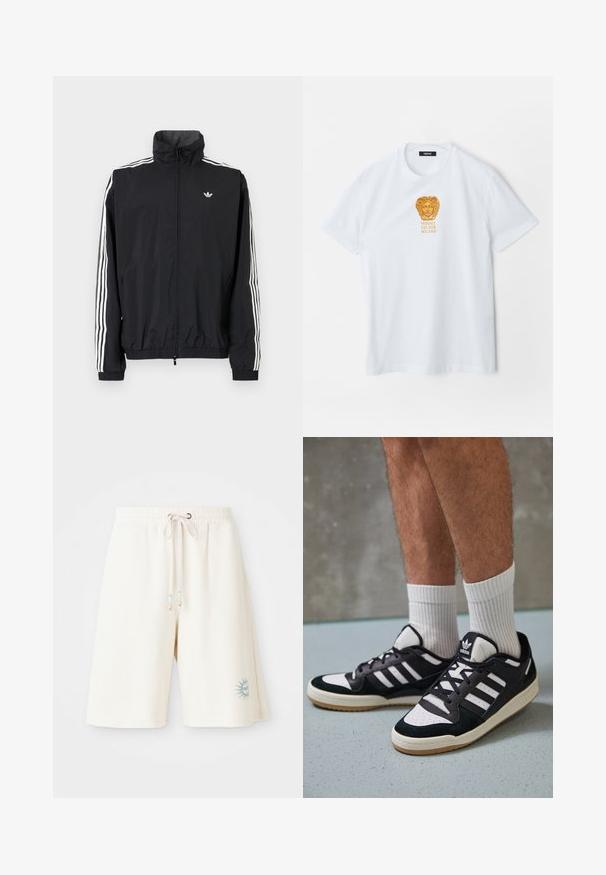 Zwarte windbreaker jas met hoge kraag, witte driedubbele streepdesign op de mouwen, elastische manchetten en zoom, met een klein logo op de borst.; Witte korte mouw t-shirt met gouden Medusa hoofdlogo en de tekst "Versace Est. 1978 Milano" gecentreerd op de borst.; Lichtcrème korte broek van een gestructureerde stof met een elastische tailleband, een verstelbaar trekkoord en een geprinte zonontwerp op het linkerpijp.; Zwart-witte sneakers met een bovenwerk van suede en leer, voorzien van drie witte strepen, een geperforeerde neus en een rubberen gumzool.