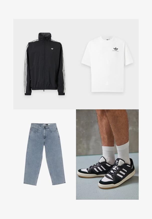 Veste coupe-vent noire avec col montant, design à trois rayures blanches sur les manches, poignets et ourlet élastiques, arborant un petit logo sur la poitrine.; T-shirt en coton blanc à manches courtes, avec un logo "BASKETBALL" noir et un design iconique à trois bandes à l'avant.; Jean large en denim bleu clair avec fermeture à bouton, cinq poches et jambes droites. Texture douce, décoloration minimale et couture soignée.; Baskets noir et blanc avec une tige en suède et cuir, comportant trois rayures blanches, un bout perforé et une semelle en caoutchouc gum.