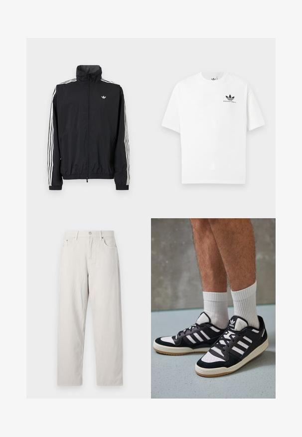Jachetă neagră din material impermeabil cu guler înalt, design cu trei dungi albe pe mâneci, manșete și tiv elastic, având un mic logo pe piept.; Tricou alb din bumbac cu mânecă scurtă, având un logo negru "BASKETBALL" și un design iconic cu trei dungi pe față.; Jeans bej deschis, cu talie înaltă, cu un design drept. Fabricate dintr-un material din bumbac gros, cu buzunare frontale proeminente și un singur buton metalic.; Adidași negri și albi cu un superior din suede și piele, prevăzuți cu trei dungi albe, un vârf perforat și o talpă din cauciuc caramel.