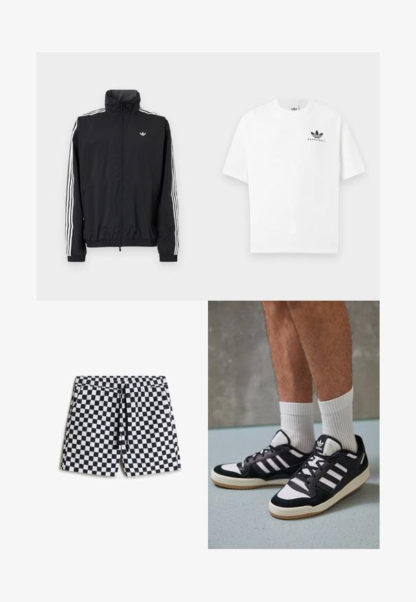 Schwarze Windjacke mit hohem Kragen, weißem Dreistreifen-Design an den Ärmeln, elastischen Bündchen und Saum, mit einem kleinen Logo auf der Brust.; Weißes Baumwoll-T-Shirt mit kurzen Ärmeln, das ein schwarzes "BASKETBALL"-Logo und ein ikonisches Drei-Streifen-Design auf der Vorderseite aufweist.; Schwarz-weiße kariert Bade Shorts mit elastischem Bund, Kordelzug und Seitentaschen, aus einem glatten, leichten Stoff.; Schwarz-weiße Sneaker mit einem Obermaterial aus Wildleder und Leder, ausgestattet mit drei weißen Streifen, einer perforierten Zehenpartie und einer Sohle aus Gummi.
