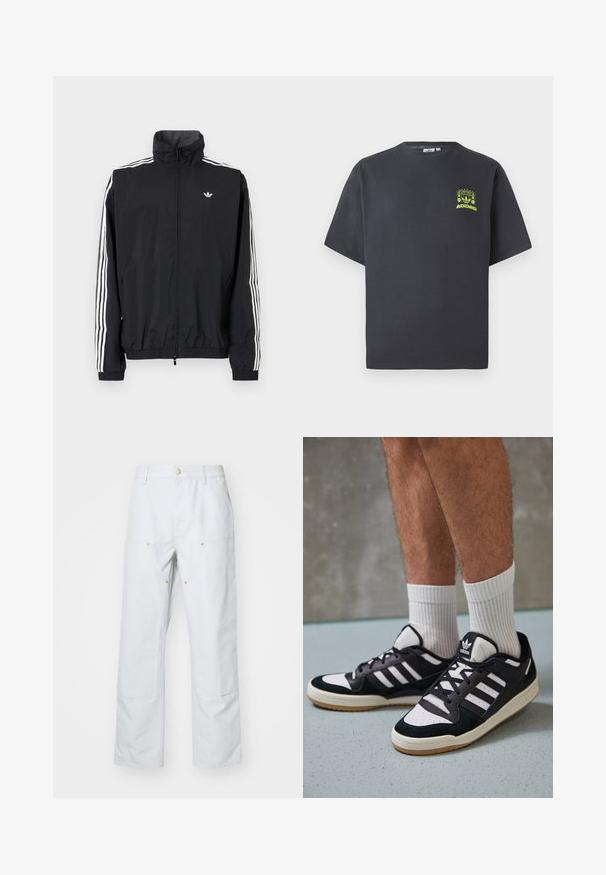 Must värvusega tuulejakk kõrge kraega, valge kolme triibu disainiga varrukatel, elastsed mansetid ja äär, väikese logoga rinnal.; Söe phühaline Adidas T-särk, lühikeste varrukatega, tumesüsinest värvi, vasakul rinnal on väike helesinine graafiline kujutis kõlaritest, päikesest ja Adidas'i logost.; Heledad hall kaalu laiad püksid, mis on valmistatud puuvilla segakangast. Omavad kahte esist taskut, nähtavaid õmblusi ja kuldse tooni nööpe.; Mustvalged ja valged spordijalatsid, mille pealmine osa on valmistatud suede'ist ja nahast. Kingadel on kolm valget riba, auguline varvas ja kummist tald.