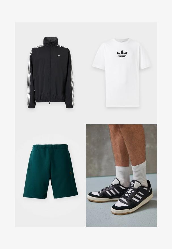 Jachetă neagră din material impermeabil cu guler înalt, design cu trei dungi albe pe mâneci, manșete și tiv elastic, având un mic logo pe piept.; Tricou alb din bumbac, având un logo Adidas negru în centrul său. Mâneci scurte și un design cu gât rotund. Textură fină.; Pantaloni scurți din bumbac de culoare verde închis, cu talie elastică, buzunare laterale și un logo mic pe partea de jos. Textură netedă și design până la genunchi.; Adidași negri și albi cu un superior din suede și piele, prevăzuți cu trei dungi albe, un vârf perforat și o talpă din cauciuc caramel.