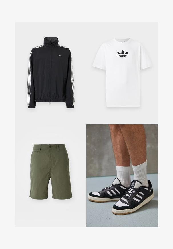 Jachetă neagră din material impermeabil cu guler înalt, design cu trei dungi albe pe mâneci, manșete și tiv elastic, având un mic logo pe piept.; Tricou alb din bumbac, având un logo Adidas negru în centrul său. Mâneci scurte și un design cu gât rotund. Textură fină.; Pantaloni scurți de culoare verde măsliniu, dintr-un material ușor, având un front neted, două buzunare laterale, un buzunar posterior și închidere cu buton.; Adidași negri și albi cu un superior din suede și piele, prevăzuți cu trei dungi albe, un vârf perforat și o talpă din cauciuc caramel.