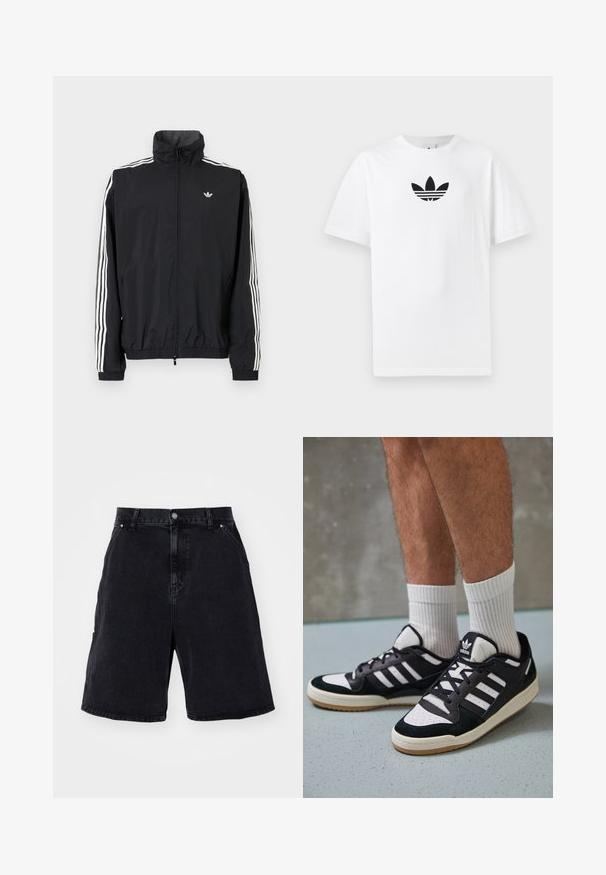 Musta tuulenpitävä takki, jossa on korkea kaulus, valkoinen kolmiraidallinen muotoilu hihoissa, joustavat hihansuut ja helma, sekä pieni logo rinnassa.; Valkoinen puuvillapaita, jossa on musta Adidas-logo keskellä. Lyhyet hihat ja pyöreä kaula-aukko. Sileä rakenne.; Mustat farkkushortsit, joissa on rento malli, standardi viisi-taskuinen muotoilu ja metallipainike. Sileä pinta, jossa on minimaalista haalistumista.; Valkoiset ja mustat tennarit, joissa on mokkanahka- ja nahkapäällinen, kolme valkoista raitaa, rei'itetty kärki ja kumipohja.