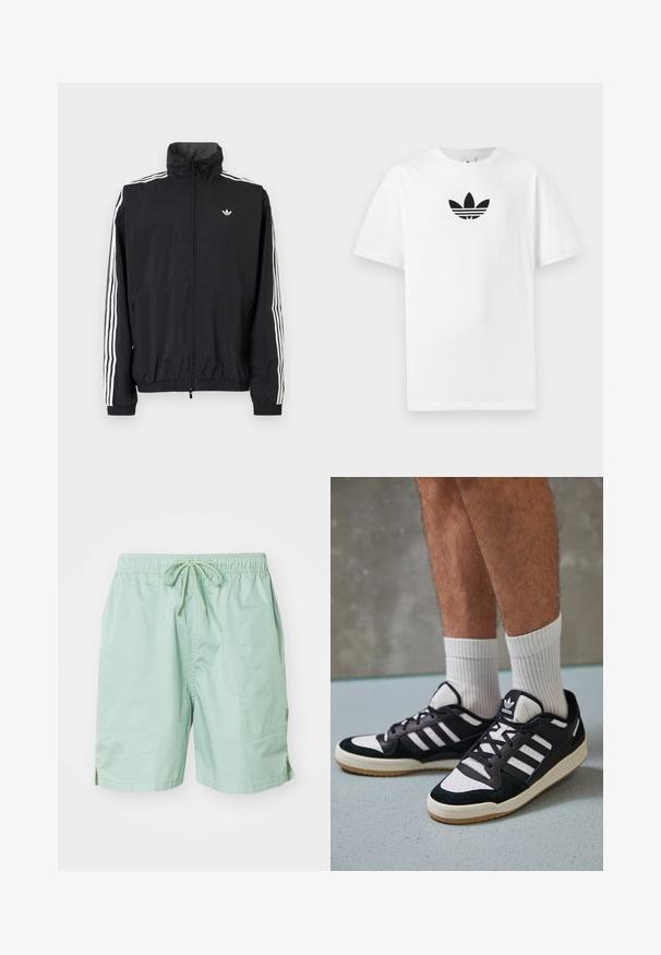 Čierna vetrovka s vysokým golierom, biely dizajn troch pruhov na rukávoch, elastické manžety a lem, s malým logom na hrudi.; Biely bavlnený tričko s čiernym logom Adidas v strede. Krátke rukávy a okrúhly výstrih. Hladká textúra.; Svetlozelené plavky vyrobené z hladkej tkaniny, s elastickým pásom na šnúrku, bočnými vreckami a krátkou dĺžkou.; Čierno-biele tenisky s vrchom z semišu a kože, s troma bielymi pruhmi, perforovanou špičkou a gumovou podrážkou.