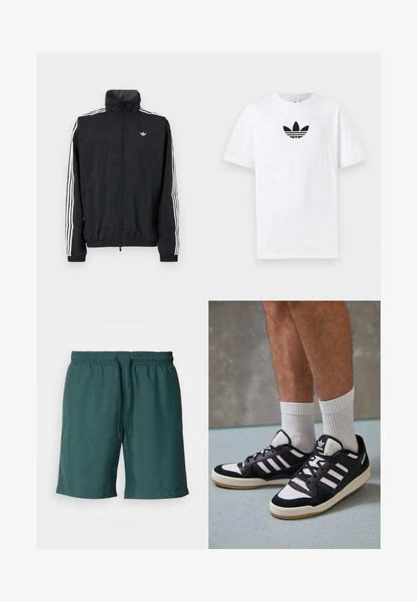 Čierna vetrovka s vysokým golierom, biely dizajn troch pruhov na rukávoch, elastické manžety a lem, s malým logom na hrudi.; Biely bavlnený tričko s čiernym logom Adidas v strede. Krátke rukávy a okrúhly výstrih. Hladká textúra.; Zelené, ľahké šortky s elastickým pásom a šnúrkou, s hladkou textúrou a bočnými vreckami pre pohodlie.; Čierno-biele tenisky s vrchom z semišu a kože, s troma bielymi pruhmi, perforovanou špičkou a gumovou podrážkou.