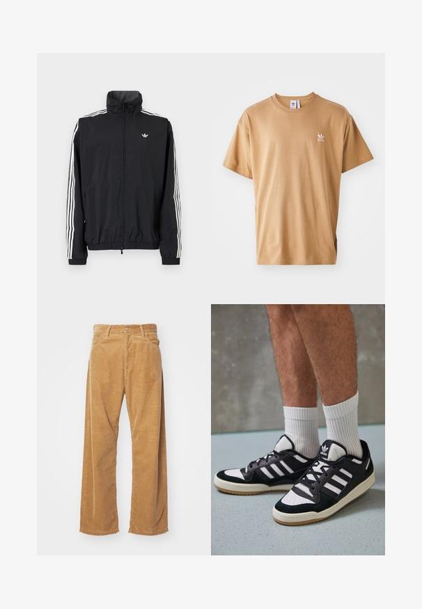 Zwarte windbreaker jas met hoge kraag, witte driedubbele streepdesign op de mouwen, elastische manchetten en zoom, met een klein logo op de borst.; Bruine katoenen T-shirt met een ronde hals en korte mouwen. Heeft een klein wit Adidas-logo op de linkerborst. Zachte textuur, relaxte pasvorm.; Corduroy wijde broek in een tan kleur. Kenmerkt zich door geprofileerde, verticale ribbels, met een standaard tailleband en twee voorzakken.; Zwart-witte sneakers met een bovenwerk van suede en leer, voorzien van drie witte strepen, een geperforeerde neus en een rubberen gumzool.