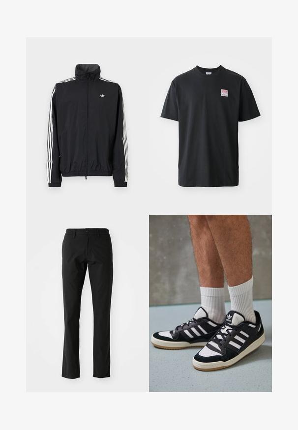 Fekete szélálló dzseki magas gallérral, fehér háromcsíkkal a ujjakon, rugalmas mandzsettákkal és alsó résszel, kis logóval a mellkason.; Fekete pamut póló kerek nyakkal, rövid ujjakkal és egy kis színes címkével a bal mellrészen, amelyen a "SUPERIOR" szó szerepel.; Fekete nadrág könnyű anyagból, egyenes szárú kivitelben, első gombos záródással és oldalsó zsebekkel. Simaság jellemzi.; Fekete-fehér tornacipők velúr és bőr felsőrésszel, három fehér csíkkal, perforált orral és gumi talppal.