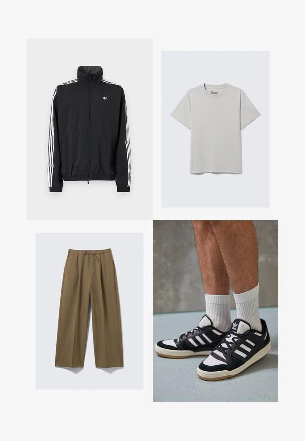 Črn vetrovka z visokim ovratnikom, belim trojnamenskim dizajnom na rokavih, elastičnimi manšeti in robom, s majhnim logotipom na prsih.; Svetlo siva bombažna majica s krojem in kratkimi rokavi, z minimalističnim dizajnom in sproščenim krojem. Brez vzorcev ali dodatkov.; Hlače širokih nogavic v olivno zeleni barvi, izdelane iz mehkega materiala z elastičnim pasom in nastavljivim vrvico. Imajo dve stranski žepi.; Črno-bele superge z zgornjim delom iz usnja in nubuka, ki imajo tri bele črte, perforiran vrh prstov in podplat iz gume.