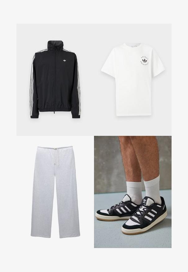 Zwarte windbreaker jas met hoge kraag, witte driedubbele streepdesign op de mouwen, elastische manchetten en zoom, met een klein logo op de borst.; Witte katoenen t-shirt met korte mouwen, ronde halslijn en zwart Adidas Originals-logo gedrukt op de linkerborst.; PULL&BEAR Trainingsbroek - grey; Zwart-witte sneakers met een bovenwerk van suede en leer, voorzien van drie witte strepen, een geperforeerde neus en een rubberen gumzool.