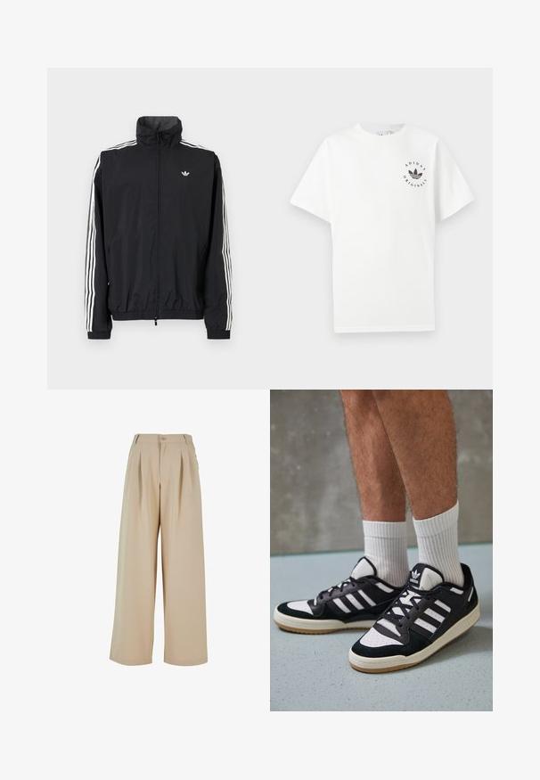 Zwarte windbreaker jas met hoge kraag, witte driedubbele streepdesign op de mouwen, elastische manchetten en zoom, met een klein logo op de borst.; Witte katoenen t-shirt met korte mouwen, ronde halslijn en zwart Adidas Originals-logo gedrukt op de linkerborst.; Beige wijde broek met geplooide voorkant, knoopsluiting en een gladde textuur. Kenmerkt zich door een op maat gemaakte tailleband en zijzakken.; Zwart-witte sneakers met een bovenwerk van suede en leer, voorzien van drie witte strepen, een geperforeerde neus en een rubberen gumzool.