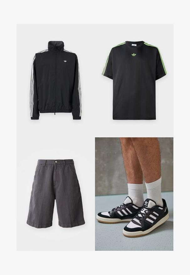 Sort vindjakke med høj krave, hvidt tre-stripes design på ærmerne, elastiske cuffs og kant, med et lille logo på brystet.; Sort T-shirt lavet af glat stof med rund halsudskæring, der har tre grønne striber på skuldrene og et lille grønt logo på brystet.; Mørkegrå bomuldsshorts med en afslappet pasform, udstyret med knaplukning, bæltestropper og sidetasker, designet med en simpel kant.; Sorte og hvide sneakers med en overdel i ruskind og læder, der har tre hvide striber, en perforeret tå og en sål i gummigummi.