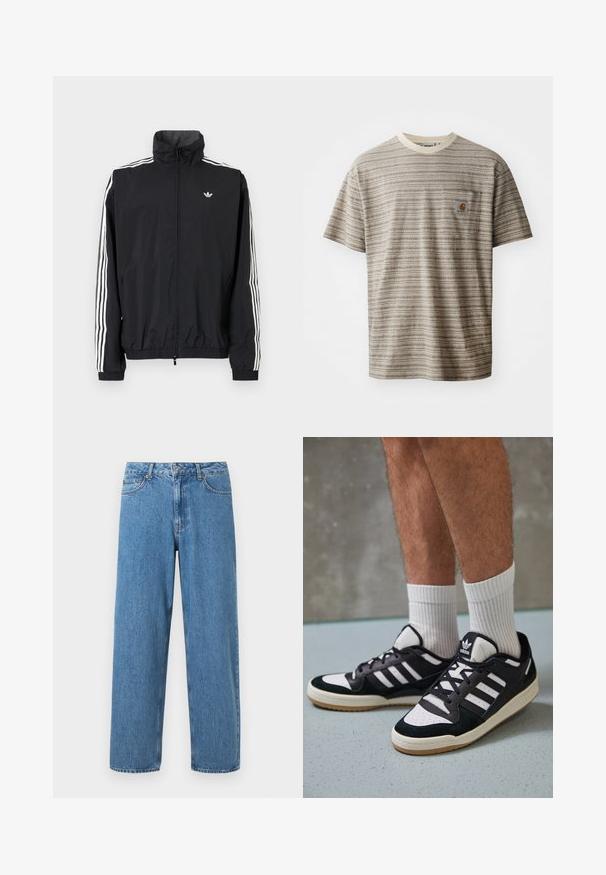 Crna windbreaker jakna s visokim ovratnikom, bijeli dizajn s tri pruge na rukavima, elastične manžete i rub, s malim logotipom na prsima.; Majica kratkih rukava sa prugama u bež i smešnoj boji, s okruglim izrezom i džepom na grudima s logom. Teksturisani materijal.; Svijetloplavi traperice s ravnim krojem, visokim strukom i dizajnom od pet džepova. Imaju zatvaranje na gumb i patentni zatvarač, s vidljivim šavovima.; Crne i bijele tenisice s gornjim dijelom od antilopa i kože, s tri bijele pruge, perforiranim prstom i gumiranim potplatom.