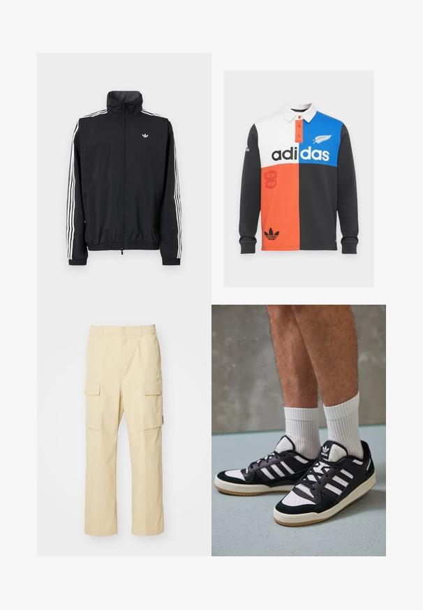 Must värvusega tuulejakk kõrge kraega, valge kolme triibu disainiga varrukatel, elastsed mansetid ja äär, väikese logoga rinnal.; Värviblokiga pikkade varrukatega polo särk mustas, valges, oranžis ja sinises, millel on krae, nööbiplokk ning silmapaistev Adidas bränding.; Bežid värviga cargo püksid, mis on valmistatud elastse vöökohtaga kangast ja nupuga kinnitusega. Omavad kahte küljetaskut ja lihtsat disaini.; Mustvalged ja valged spordijalatsid, mille pealmine osa on valmistatud suede'ist ja nahast. Kingadel on kolm valget riba, auguline varvas ja kummist tald.