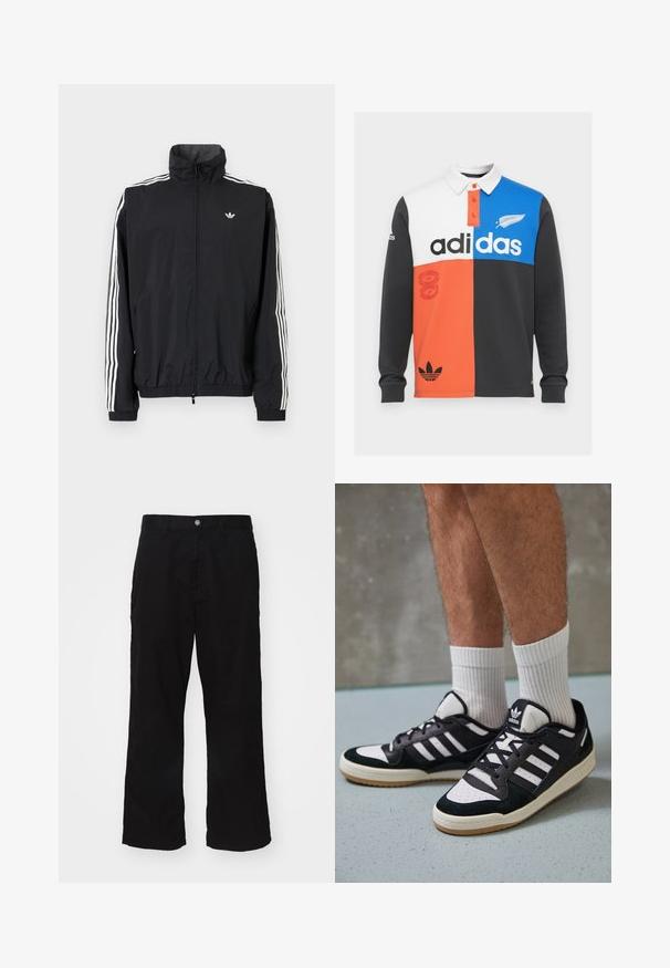 Juodas vėjaraudžių švarkas su aukštu apykakle, baltu trimis juostelėmis ant rankovių, elastingais rankogaliais ir apatine dalimi, su maža logotipo etikete ant krūtinės.; Juodos, baltos, oranžinės ir mėlynos spalvų blokų ilgų rankovių polo marškiniai su apykakle, mygtukų užsegimu ir išskirtiniu Adidas ženklinimu.; Juodos plačios kojų kelnės, pagamintos iš medvilnės mišinio, su mygtukų uždarymu ir tiesiu kirpimu, turinčios minimaliai matomų siūlių.; Juodos ir baltos sportinės bateliai su zomšiniu ir odiniu viršumi, su trimis baltomis juostelėmis, perforuota koja ir guminėmis padais.
