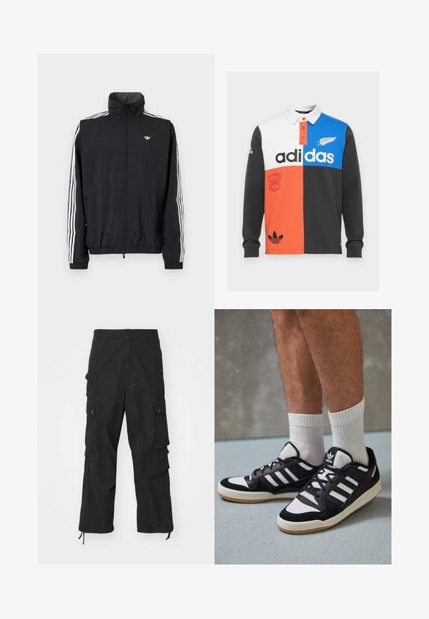 Fekete szélálló dzseki magas gallérral, fehér háromcsíkkal a ujjakon, rugalmas mandzsettákkal és alsó résszel, kis logóval a mellkason.; Fekete, fehér, narancs és kék színben színblokkolt hosszú ujjú polo póló, gallérral, gombos légúttal és hangsúlyos Adidas márkajelzéssel.; Carhartt WIP TRACKER PANT - Oldalzsebes nadrágok - black; Fekete-fehér tornacipők velúr és bőr felsőrésszel, három fehér csíkkal, perforált orral és gumi talppal.