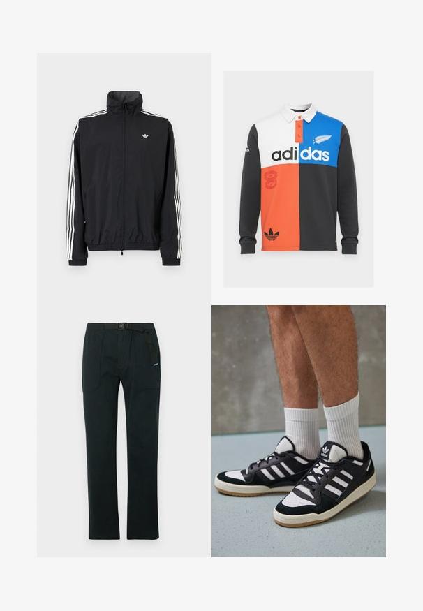 Jachetă neagră din material impermeabil cu guler înalt, design cu trei dungi albe pe mâneci, manșete și tiv elastic, având un mic logo pe piept.; Polo cu mânecă lungă, în culori blocate, de culoare neagră, albă, portocalie și albastră, cu guler, placket cu nasturi și branding proeminent Adidas.; Pantaloni negri dintr-o țesătură durabilă, cu un design drept, o curea ajustabilă și două buzunare frontale cu cusături curbate.; Adidași negri și albi cu un superior din suede și piele, prevăzuți cu trei dungi albe, un vârf perforat și o talpă din cauciuc caramel.
