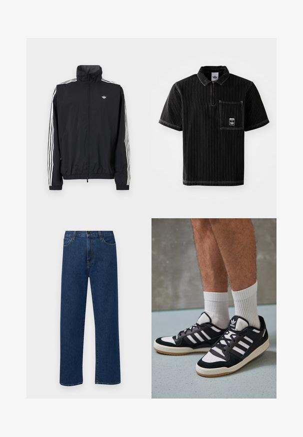 Melna vēja pārvalka jaka ar augstu apkakli, baltu trīs svītru dizainu uz piedurknēm, elastīgu aproču un apakšmalu, ar mazu logo uz krūtīm.; Melnas īsām piedurknēm polo krekls ar priekšējo rāvējslēdzēju, baltām vertikālām svītrām, krūšu kabatu ar mazu logotipu un teksturētu audumu.; Tumši zilas taisnas kājas denim bikses ar priekšējām kabatām un pogu aizdari, izvietotas uz vienkārša baltā fona.; Melnas un baltas kedas ar zamša un ādas augšdaļu, kas aprīkotas ar trim baltām svītrām, perforētu purngali un gumijas zolēm.
