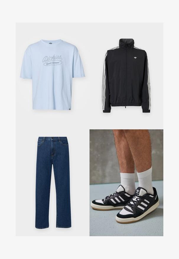 Casaco corta-vento preto com gola alta, design de três riscas brancas nas mangas, punhos e bainha elásticos, apresentando um pequeno logótipo no peito.; T-shirt de algodão azul claro com mangas curtas, gola redonda e logótipo "Dickies Quality Garments" em um design contrastante. Ajuste standard.; Jeans de denim azul escuro, de perna reta, com bolsos frontais e fecho de botão, exibidos sobre um fundo branco liso.; Ténis em preto e branco com upper em camurça e couro, apresentando três riscas brancas, um toe perfurado e uma sola em borracha de goma.