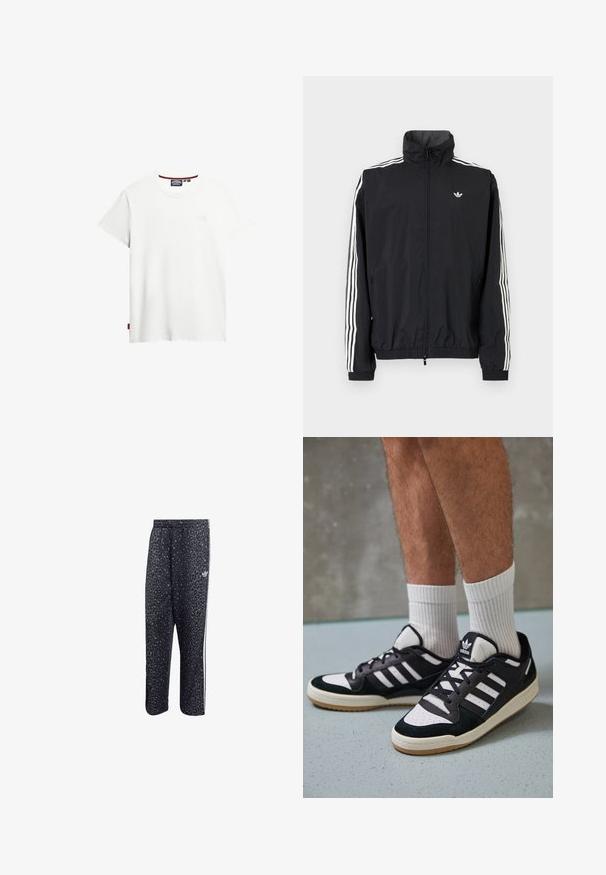 Zwarte windbreaker jas met hoge kraag, witte driedubbele streepdesign op de mouwen, elastische manchetten en zoom, met een klein logo op de borst.; Witte katoenen t-shirt met een ronde hals, korte mouwen en een subtiele logodetail op de voorkant. Inclusief een klein rood label aan de zijkant.; Zwarte sportbroek met een luipaardpatroon, voorzien van een witte drie-strepenontwerp en een logo van een sportmerk aan de zijkant.; Zwart-witte sneakers met een bovenwerk van suede en leer, voorzien van drie witte strepen, een geperforeerde neus en een rubberen gumzool.
