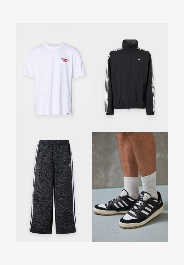 Černá windbreaker bunda s vysokým límcem, bílým designem tří pruhů na rukávech, elastickými manžetami a lemováním, s malým logem na hrudi.; Bílá bavlněná tričko s krátkým rukávem, které má na levé hrudi vyšívané červené logo "DICKIES 1922"; design s žebrovaným kulatým výstřihem.; adidas Originals GRAPHIC UNISEX - Teplákové kalhoty - black; Černobílé tenisky s vrchní částí z semišové a kožené kůže, včetně tří bílých pruhů, perforovaného špičky a podrážky z gumy.