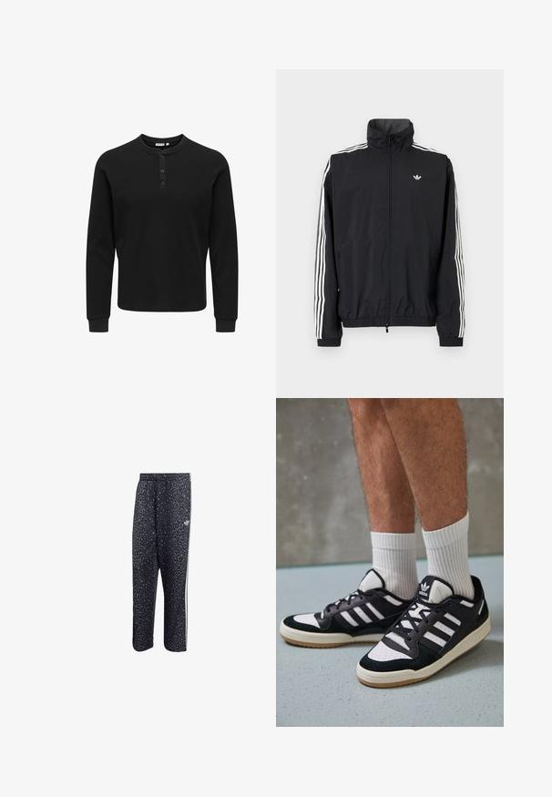 Schwarze Windjacke mit hohem Kragen, weißem Dreistreifen-Design an den Ärmeln, elastischen Bündchen und Saum, mit einem kleinen Logo auf der Brust.; Schwarzes Langarm-Henley-Shirt aus strukturiertem Stoff mit drei Knöpfen, rundem Halsausschnitt und schmalen Bündchen.; Schwarze Sporthosen mit einem Leopardenmuster, ausgestattet mit einem weißen Drei-Streifen-Design und einem Logo einer Sportmarke an der Seite.; Schwarz-weiße Sneaker mit einem Obermaterial aus Wildleder und Leder, ausgestattet mit drei weißen Streifen, einer perforierten Zehenpartie und einer Sohle aus Gummi.