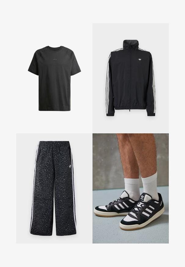 Μαύρο αδιάβροχο μπουφάν με ψηλό γιακά, λευκή τριπλή ρίγα στα μανίκια, ελαστικούς καρπούς και σάκο, που διαθέτει ένα μικρό λογότυπο στο στήθος.; Μαύρο βαμβακερό T-shirt με κοντά ραγκλάν μανίκια, που διαθέτει μια διακριτική ανάγλυφη λογότυπο στην περιοχή του στήθους και ομαλή υφή σε όλη την επιφάνεια.; adidas Originals GRAPHIC UNISEX - Παντελόνι φόρμας - black; Μαύρα και λευκά αθλητικά παπούτσια με άνω μέρος από σουέτ και δέρμα, featuring τρεις λευκές ρίγες, περατά δάχτυλα και σόλα από καουτσούκ τύπου γκαστ.