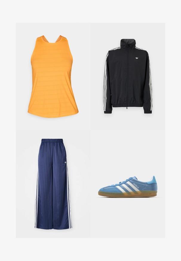 Čierna vetrovka s vysokým golierom, biely dizajn troch pruhov na rukávoch, elastické manžety a lem, s malým logom na hrudi.; Oranžový športový top bez rukávov s textúrovaným vzorom, s výstrihom do písmena U a širokými ramienkami pre podporu a pohodlný pohyb.; Námornícke modré široké nohavice s vertikálnymi bielymi prúžkami, elastickým pásom a tromi bielymi pruhmi po bokoch, vyrobené z ľahkého materiálu.; adidas Originals GAZELLE INDOOR - Tenisky - footwear white