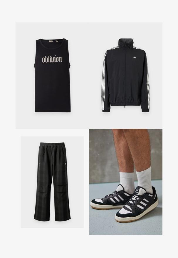 Črn vetrovka z visokim ovratnikom, belim trojnamenskim dizajnom na rokavih, elastičnimi manšeti in robom, s majhnim logotipom na prsih.; Črn top brez rokavov iz bombaža, s pogumnim belim besedilom v gotskem slogu "oblivion" na sredini spredaj. Gladka tekstura, brezrokavni dizajn.; Črne karirane hlače z elastičnim pasom, dvema sprednjima žepoma in ohlapnim krojem s pravimi nogavicami. Narejene so iz lahke tkanine.; Črno-bele superge z zgornjim delom iz usnja in nubuka, ki imajo tri bele črte, perforiran vrh prstov in podplat iz gume.