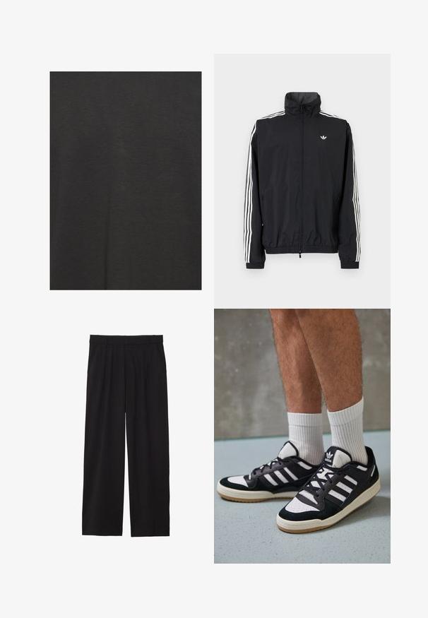 Must värvusega tuulejakk kõrge kraega, valge kolme triibu disainiga varrukatel, elastsed mansetid ja äär, väikese logoga rinnal.; Must t-särk, mis on valmistatud pehmest kangast, viib sileda tekstuuriga ja lihtsa disainiga, ilma mustrite või aksessuaarideta.; Mustad laiad püksid pleediga esiosas, küljetaskud ja sile kangas. Disainitud mugavaks istuvuseks.; Mustvalged ja valged spordijalatsid, mille pealmine osa on valmistatud suede'ist ja nahast. Kingadel on kolm valget riba, auguline varvas ja kummist tald.